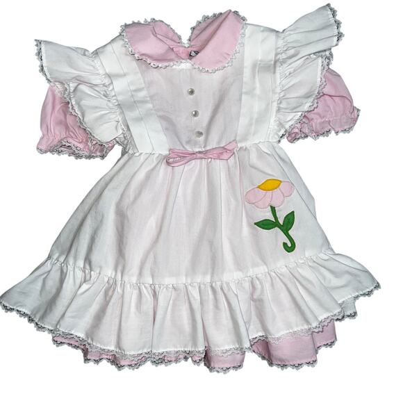 Vintage Apron ruffled cottage pinafore white and pink spring dress girl sz 2 - Picture 1 of 9